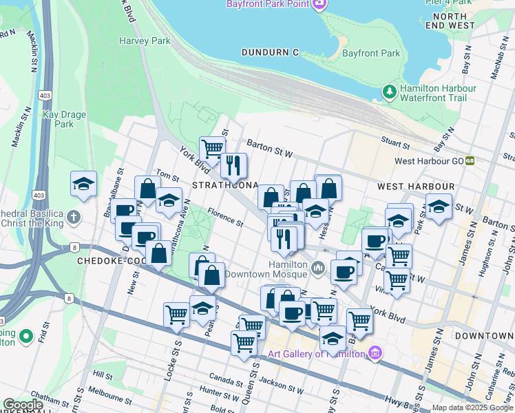 map of restaurants, bars, coffee shops, grocery stores, and more near 370 York Boulevard in Hamilton