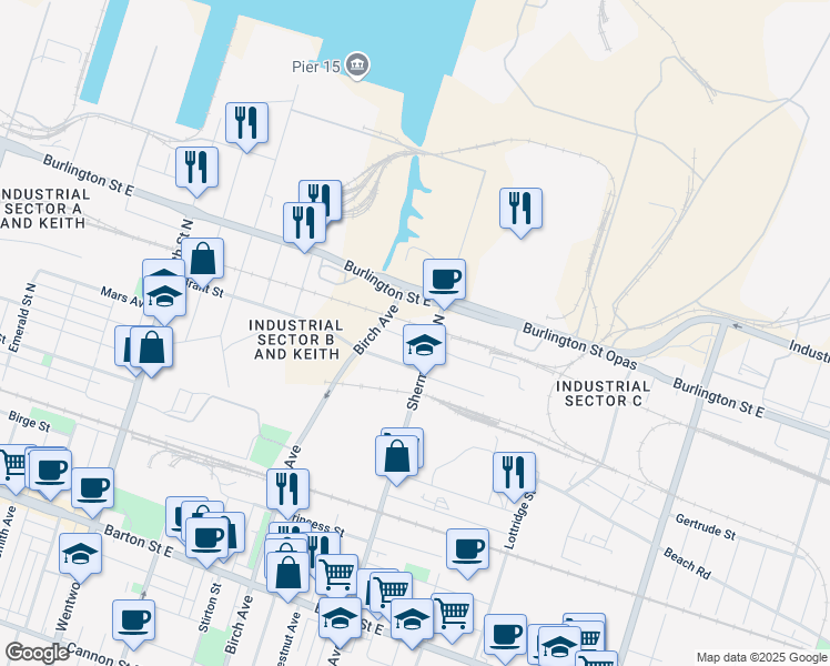 map of restaurants, bars, coffee shops, grocery stores, and more near 397 Sherman Avenue North in Hamilton