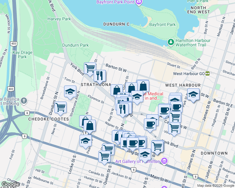 map of restaurants, bars, coffee shops, grocery stores, and more near 29 Oxford Street in Hamilton