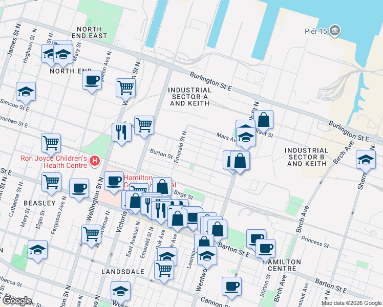 map of restaurants, bars, coffee shops, grocery stores, and more near 30 Keith Street in Hamilton