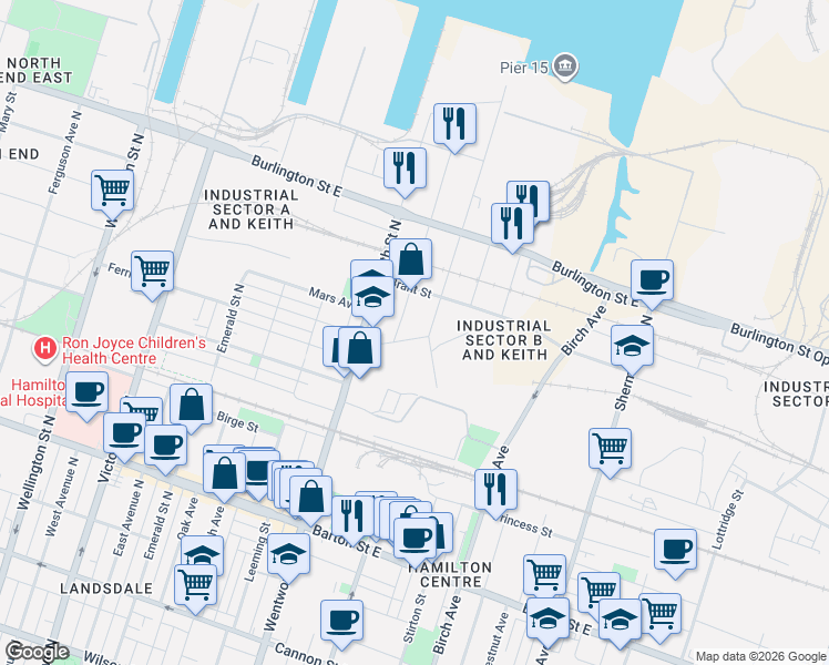 map of restaurants, bars, coffee shops, grocery stores, and more near 39 Munroe Street in Hamilton