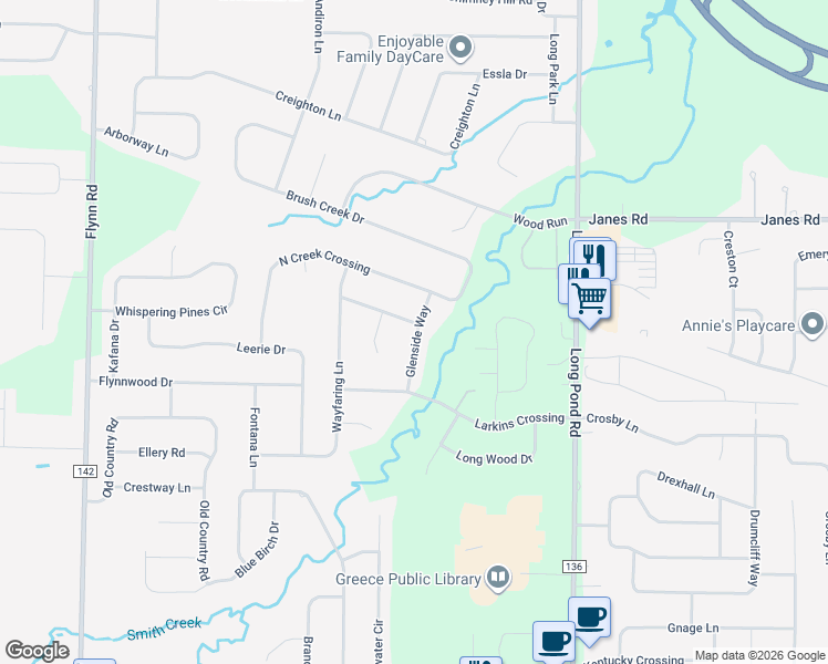map of restaurants, bars, coffee shops, grocery stores, and more near 3 Meadow Greene Street in Rochester