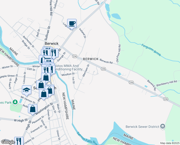 map of restaurants, bars, coffee shops, grocery stores, and more near 25 Copeland Street in Berwick