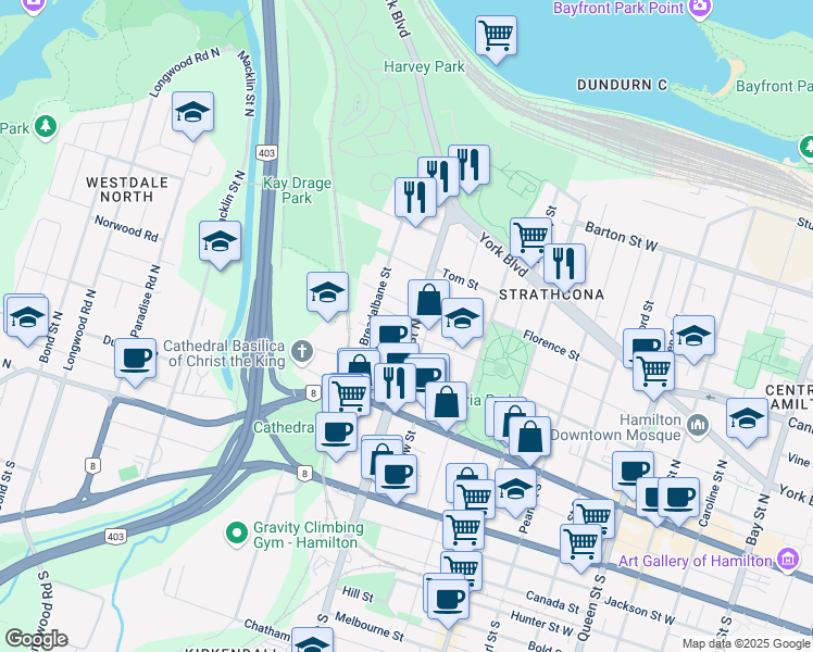 map of restaurants, bars, coffee shops, grocery stores, and more near 67 Dundurn Street North in Hamilton