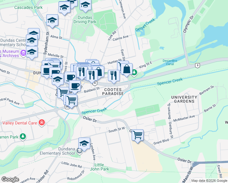 map of restaurants, bars, coffee shops, grocery stores, and more near 81 Dundas Street in Hamilton
