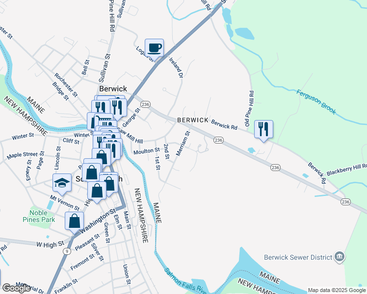 map of restaurants, bars, coffee shops, grocery stores, and more near 25 Copeland Street in Berwick