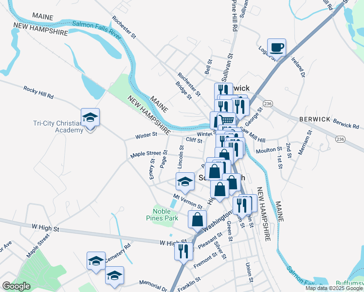 map of restaurants, bars, coffee shops, grocery stores, and more near 37 Maple Street in Somersworth