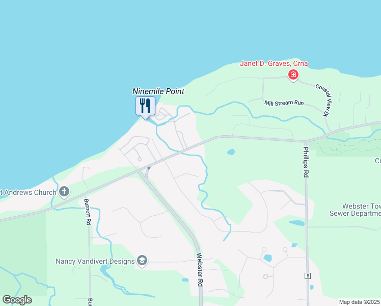 map of restaurants, bars, coffee shops, grocery stores, and more near 1305 Lake Road in Webster