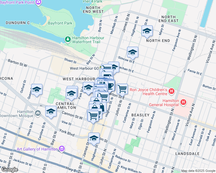 map of restaurants, bars, coffee shops, grocery stores, and more near in Hamilton