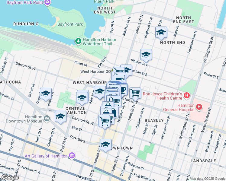 map of restaurants, bars, coffee shops, grocery stores, and more near in Hamilton