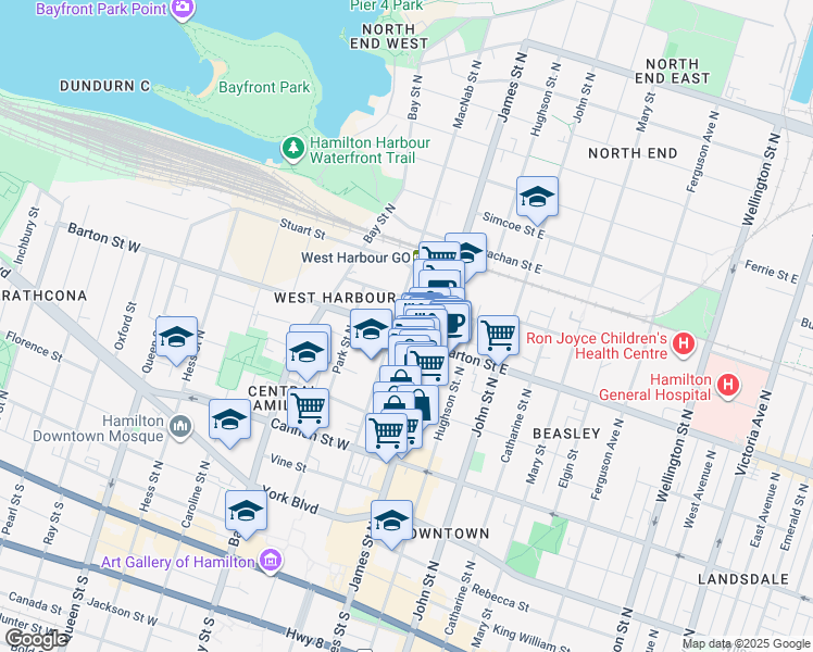 map of restaurants, bars, coffee shops, grocery stores, and more near 35 Barton Street West in Hamilton