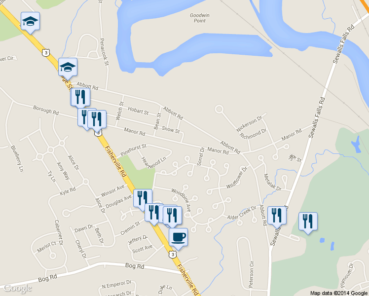 map of restaurants, bars, coffee shops, grocery stores, and more near 76 Manor Road in Concord