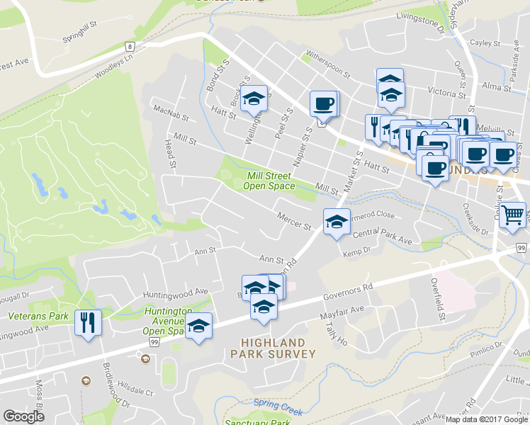 map of restaurants, bars, coffee shops, grocery stores, and more near 38 Mercer Street in Hamilton