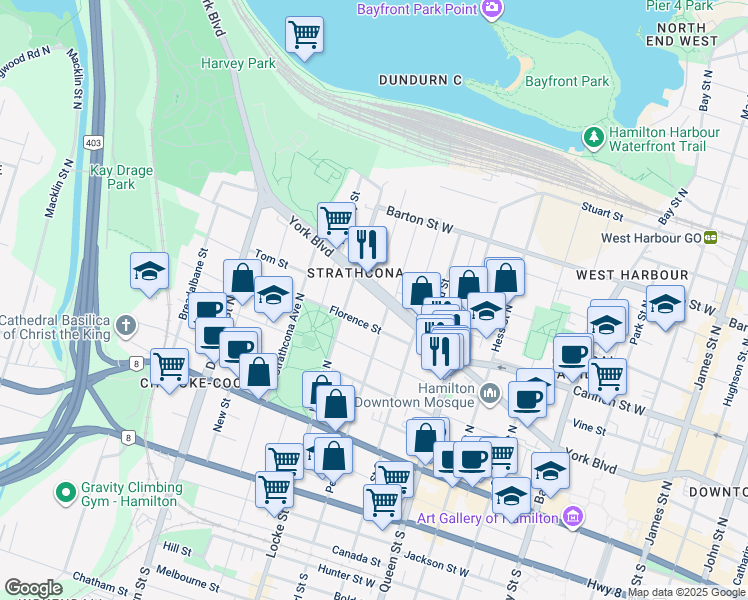 map of restaurants, bars, coffee shops, grocery stores, and more near 405 York Boulevard in Hamilton
