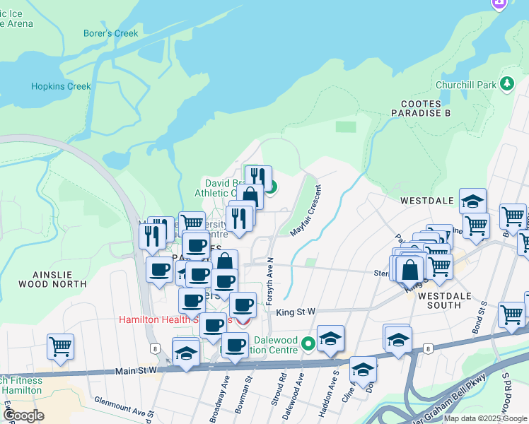 map of restaurants, bars, coffee shops, grocery stores, and more near Stearn Drive in Hamilton