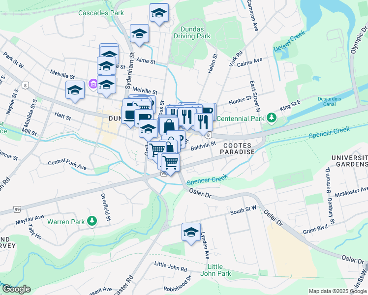 map of restaurants, bars, coffee shops, grocery stores, and more near 4 York Street in Hamilton