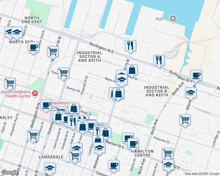 map of restaurants, bars, coffee shops, grocery stores, and more near 86 Francis Street in Hamilton