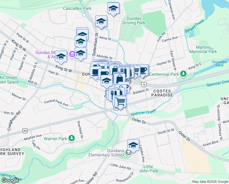 map of restaurants, bars, coffee shops, grocery stores, and more near in Hamilton
