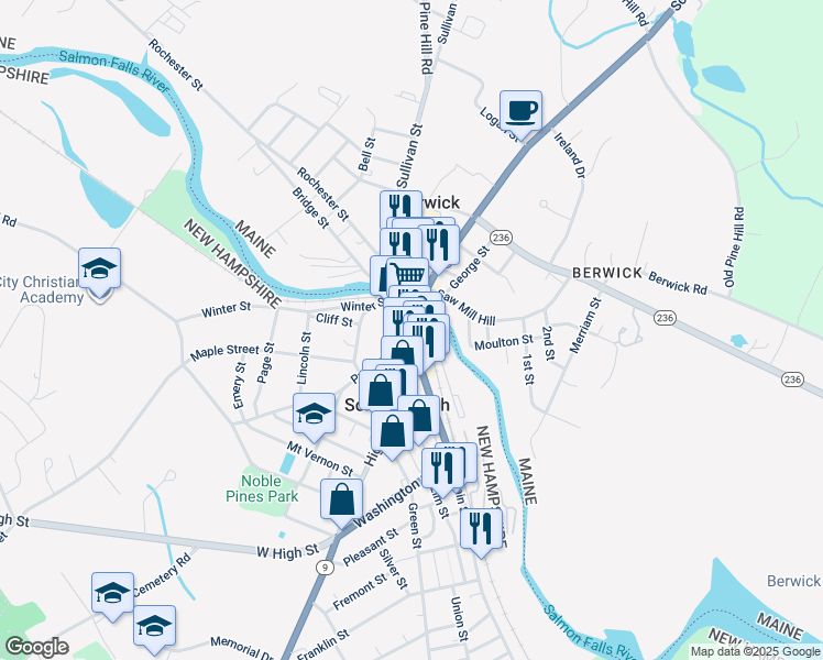 map of restaurants, bars, coffee shops, grocery stores, and more near 1 Beacon Street in Somersworth