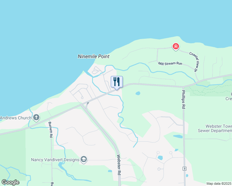 map of restaurants, bars, coffee shops, grocery stores, and more near 1305 Lake Road in Webster