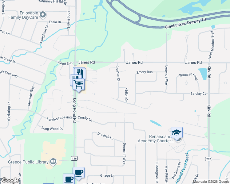 map of restaurants, bars, coffee shops, grocery stores, and more near 184 Belmore Way in Rochester