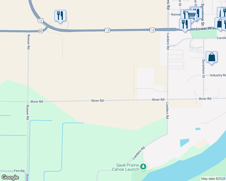 map of restaurants, bars, coffee shops, grocery stores, and more near E11619 River Road in Sauk City
