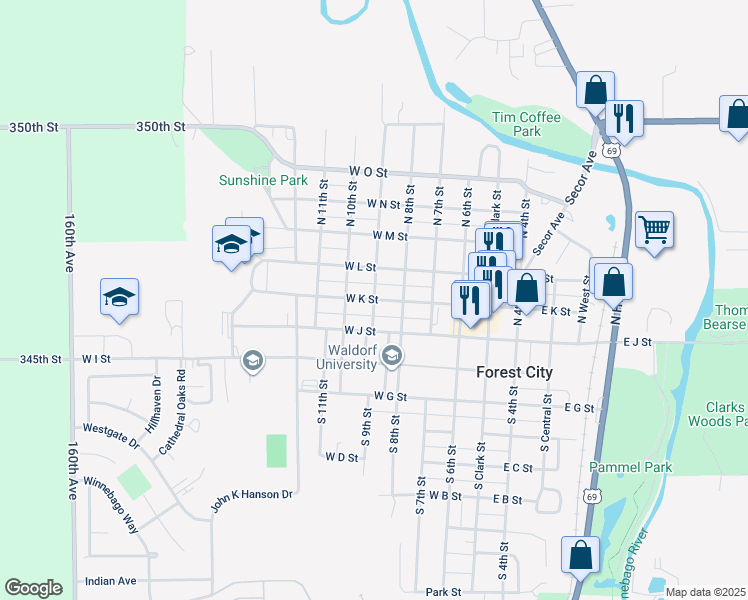 map of restaurants, bars, coffee shops, grocery stores, and more near 198 North 9th Street in Forest City