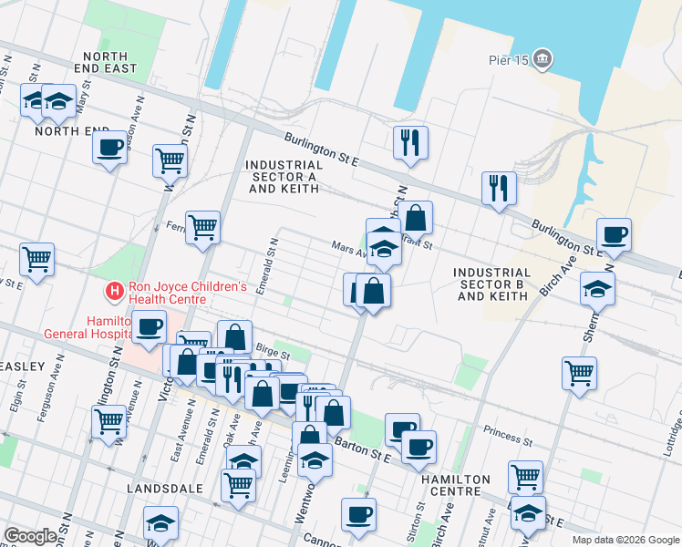map of restaurants, bars, coffee shops, grocery stores, and more near 86 Francis Street in Hamilton