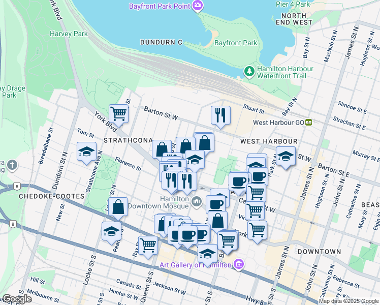 map of restaurants, bars, coffee shops, grocery stores, and more near 174 Queen Street North in Hamilton
