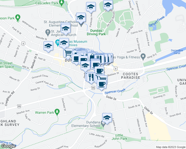 map of restaurants, bars, coffee shops, grocery stores, and more near 50 Main Street in Hamilton
