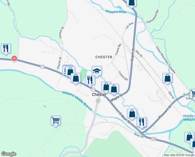 map of restaurants, bars, coffee shops, grocery stores, and more near 72 Main Street in Chester