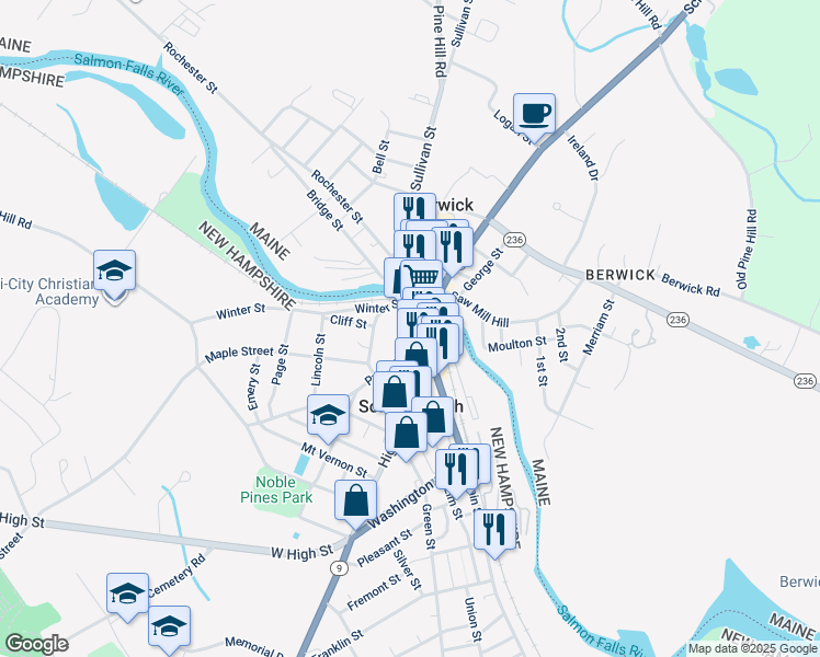 map of restaurants, bars, coffee shops, grocery stores, and more near 1 Beacon Street in Somersworth