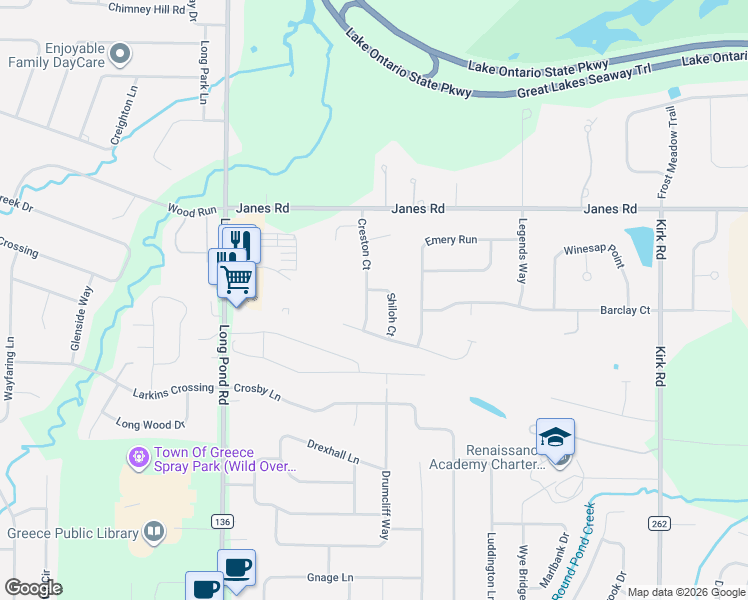 map of restaurants, bars, coffee shops, grocery stores, and more near 116 Creston Court in Rochester