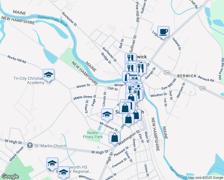 map of restaurants, bars, coffee shops, grocery stores, and more near 20 Cliff Street in Somersworth