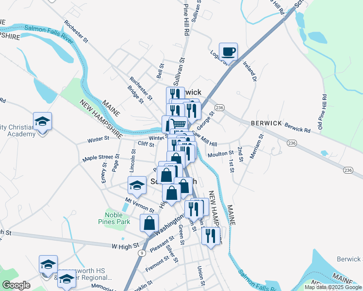 map of restaurants, bars, coffee shops, grocery stores, and more near 1 Beacon Street in Somersworth