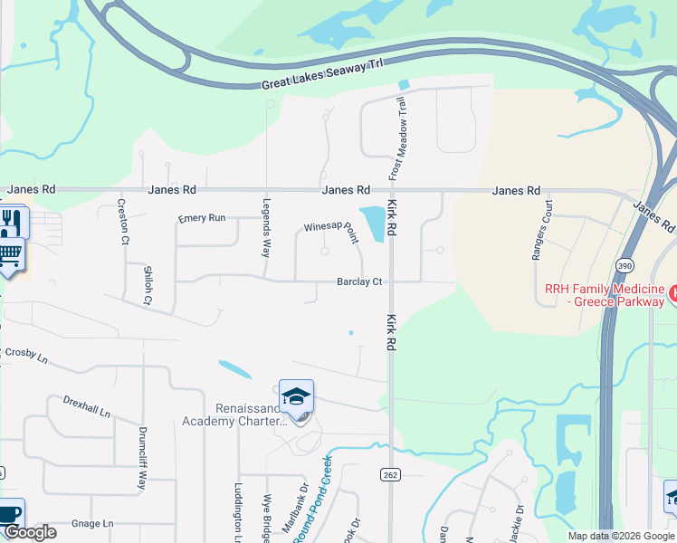 map of restaurants, bars, coffee shops, grocery stores, and more near 85 Barclay Court in Rochester