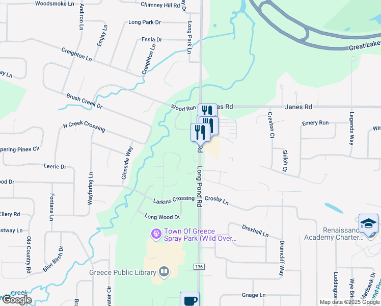 map of restaurants, bars, coffee shops, grocery stores, and more near 23 Bluefield Manor in North Greece