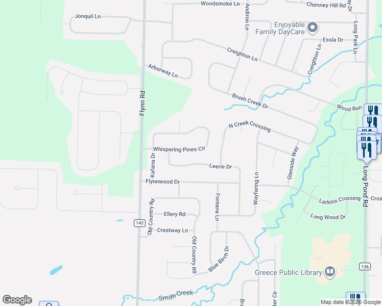 map of restaurants, bars, coffee shops, grocery stores, and more near 310 Leerie Drive in Rochester