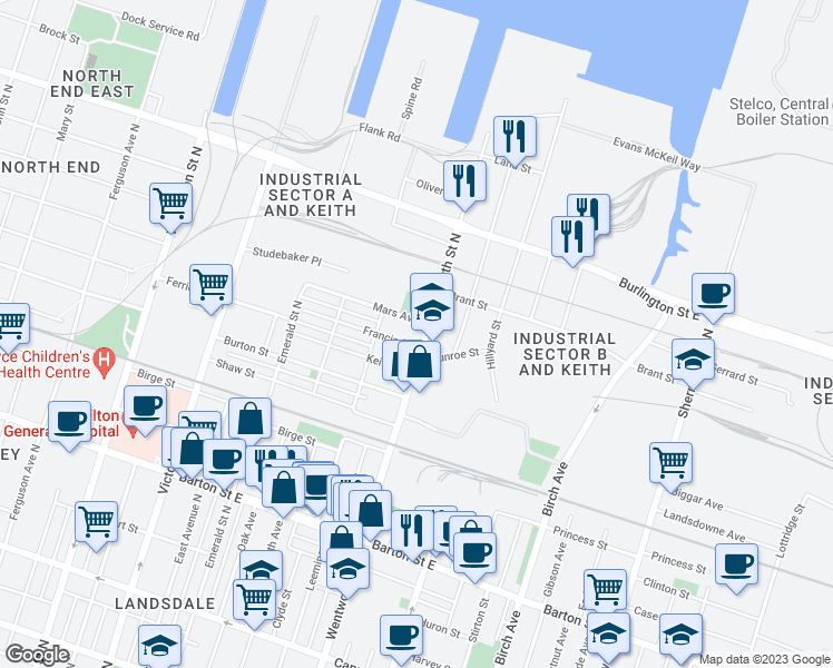 map of restaurants, bars, coffee shops, grocery stores, and more near 445 Wentworth Street North in Hamilton