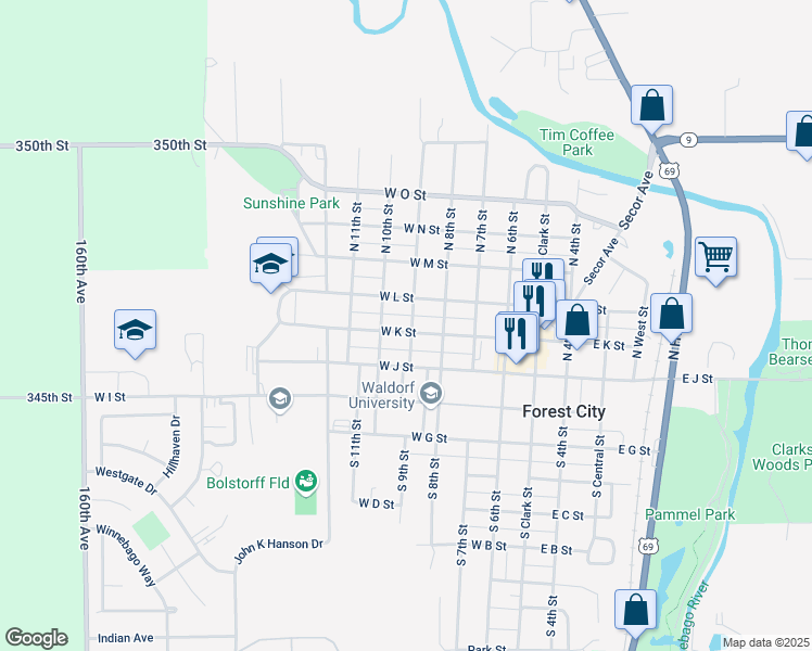 map of restaurants, bars, coffee shops, grocery stores, and more near 100-198 N 9th St in Forest City