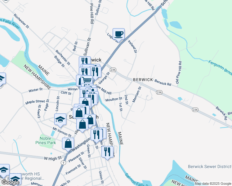 map of restaurants, bars, coffee shops, grocery stores, and more near 12 1st Street in Berwick