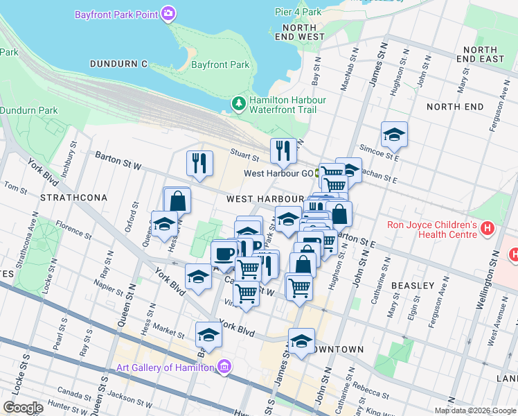 map of restaurants, bars, coffee shops, grocery stores, and more near 238 Bay Street North in Hamilton