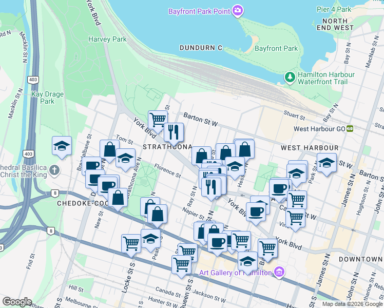 map of restaurants, bars, coffee shops, grocery stores, and more near 18 Magill Street in Hamilton