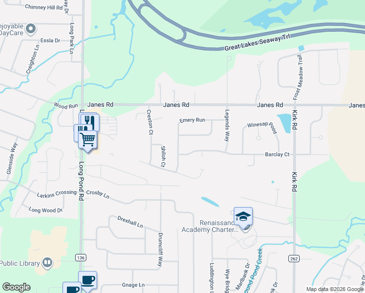 map of restaurants, bars, coffee shops, grocery stores, and more near 240 Emery Run in Rochester