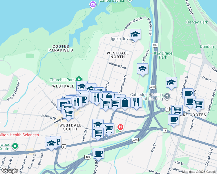 map of restaurants, bars, coffee shops, grocery stores, and more near 160 Dufferin Street in Hamilton