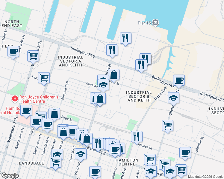 map of restaurants, bars, coffee shops, grocery stores, and more near 29 Munroe Street in Hamilton
