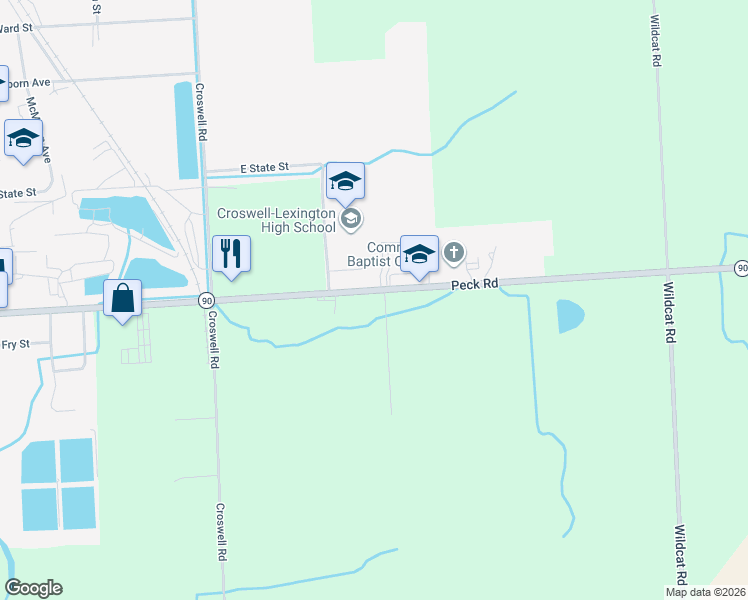map of restaurants, bars, coffee shops, grocery stores, and more near 5422-5456 Peck Road in Croswell