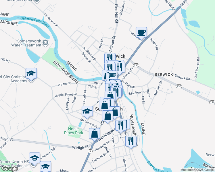 map of restaurants, bars, coffee shops, grocery stores, and more near 1 Beacon Street in Somersworth