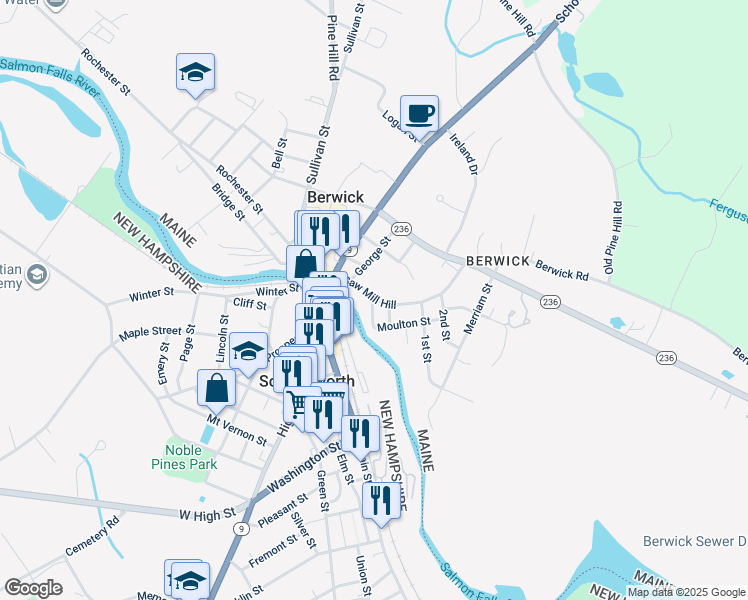 map of restaurants, bars, coffee shops, grocery stores, and more near 8 Lewis Lane in Berwick