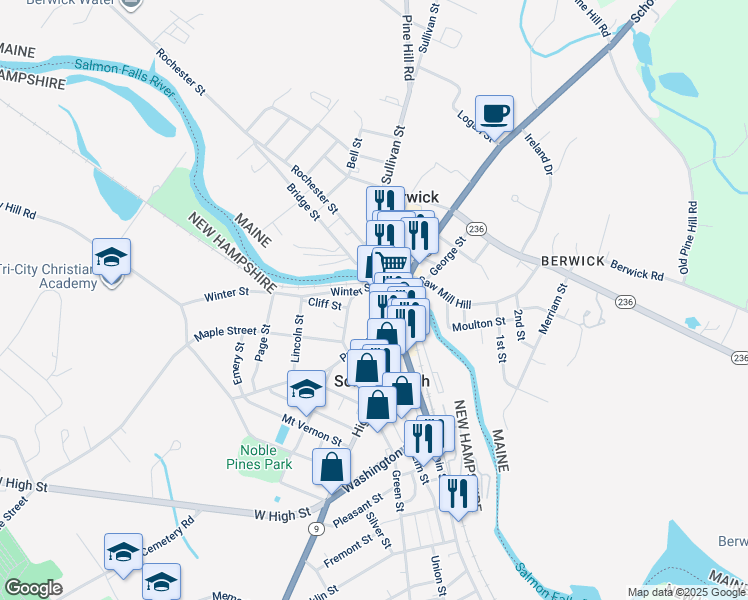 map of restaurants, bars, coffee shops, grocery stores, and more near 1 Beacon Street in Somersworth